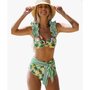 Women's High Waisted Lemon Print Bikini Ruffle Trim Green Stripe Tie Front
